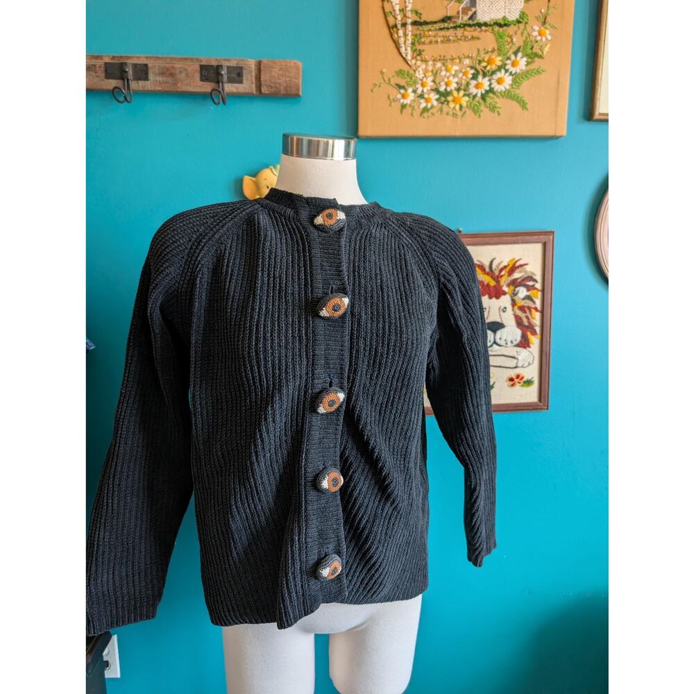 Vintage 80s 90s Michael Simon Eyeball Button Cardigan in Black